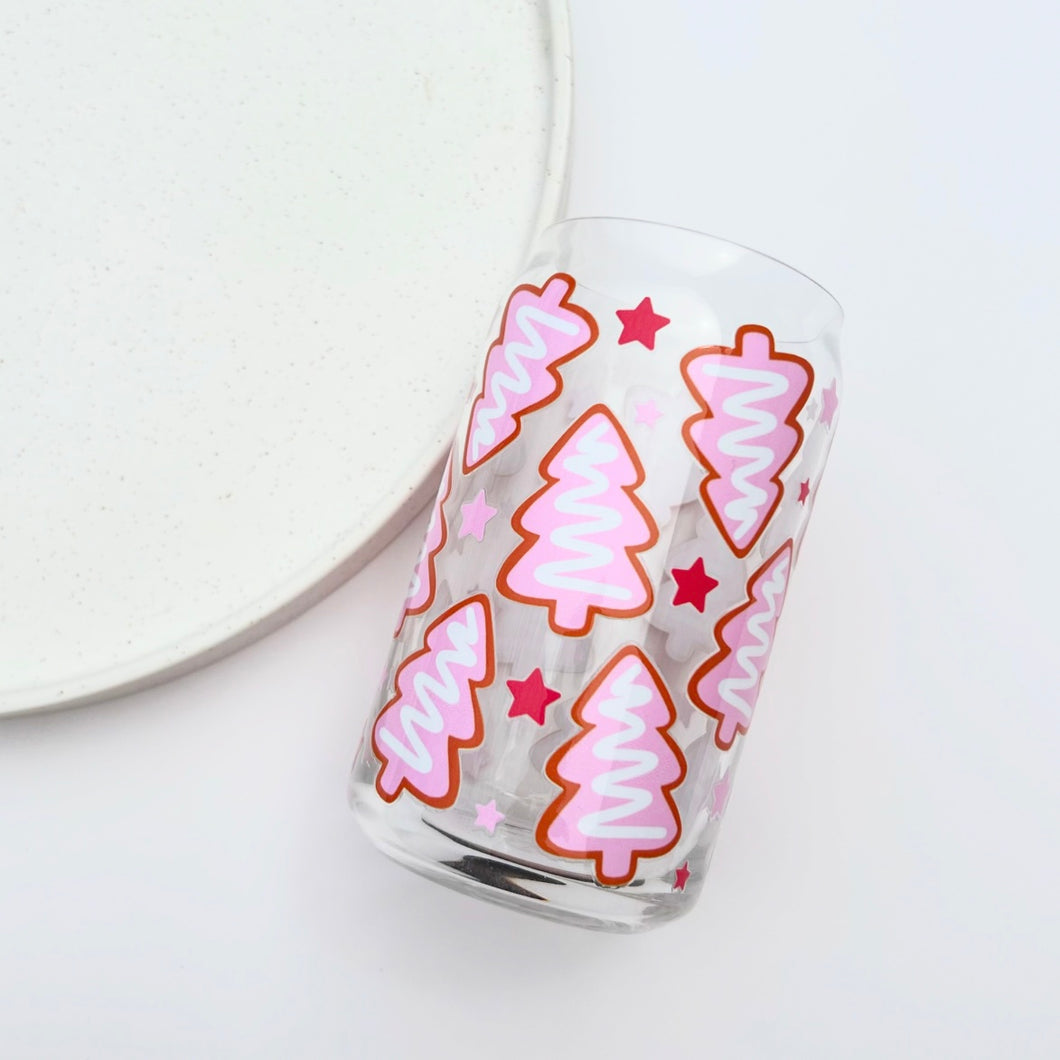 Pink Xmas Tree Glass Can Tumbler