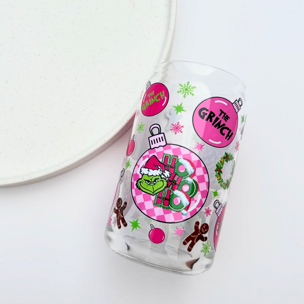 Pink Grinchmas Glass Can Tumbler