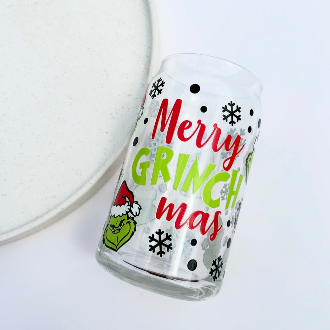 Merry Grinchmas Glass Can Tumbler