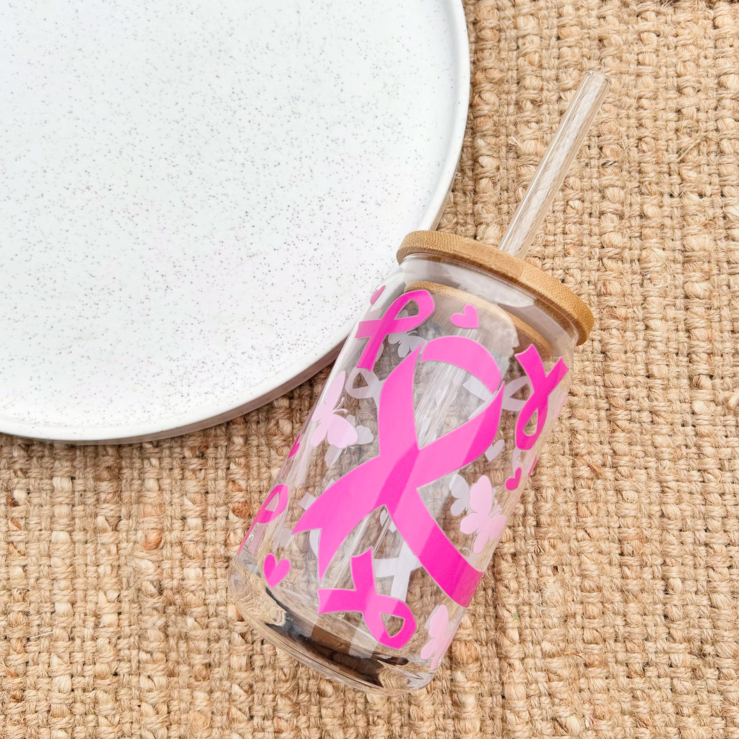 Pink Ribbon Glass Can Tumbler