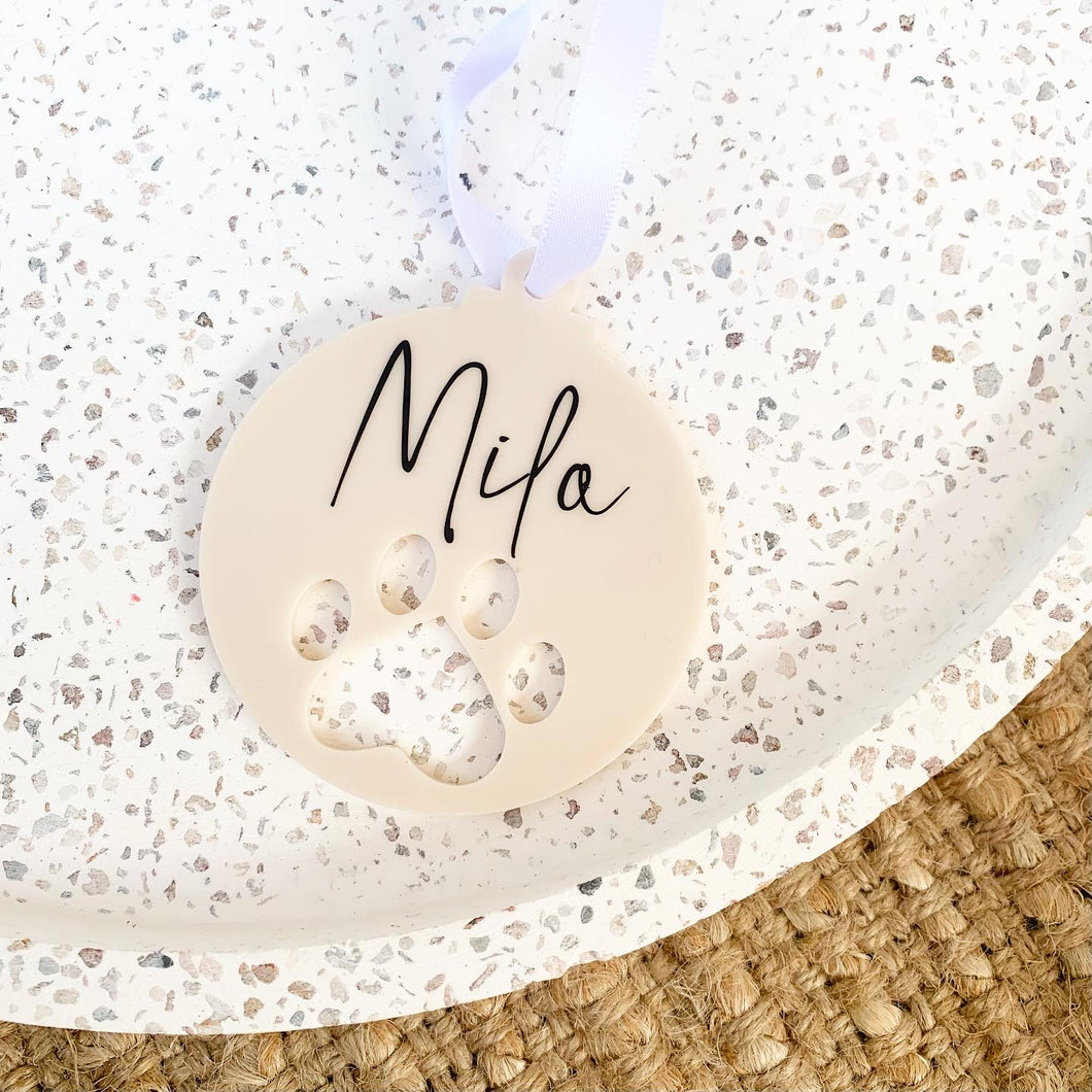 Personalised Beige Gloss Paw Print Bauble